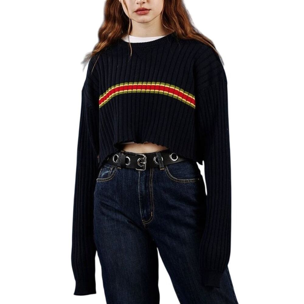 Unif Ymani Cropped Long Sleeve Pullover Ribbed Sweater Navy Size Small